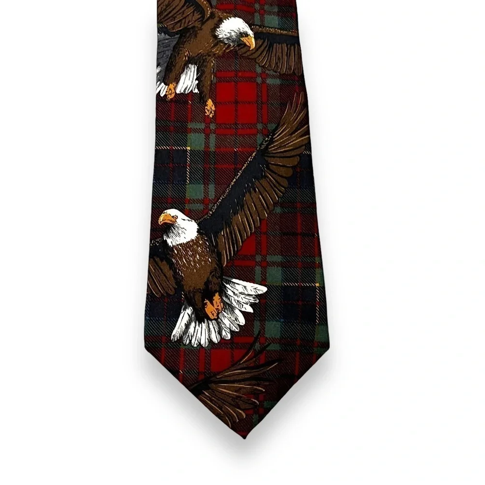 VTG Silk Tie Bald Eagle Novelty Print Red Green Plaid Background USA Patriotic